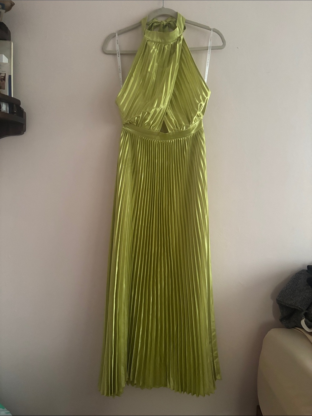 Sleeveless Pleated Halter Maxi Dress in Lime Green